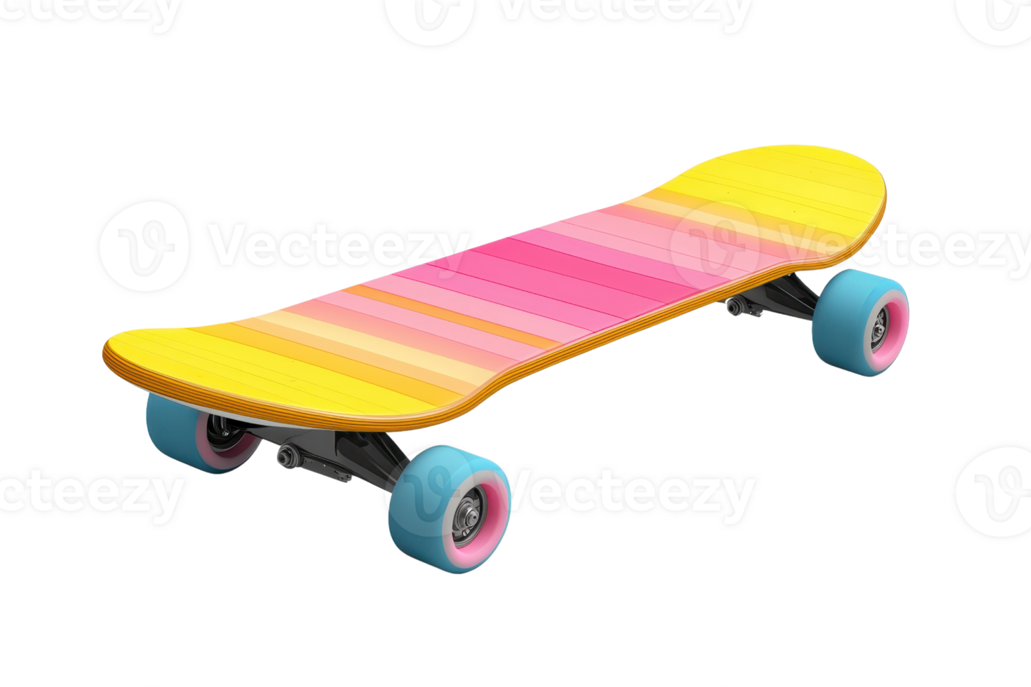 A vibrant skateboard featuring a gradient design in yellow and pink with blue wheels. png