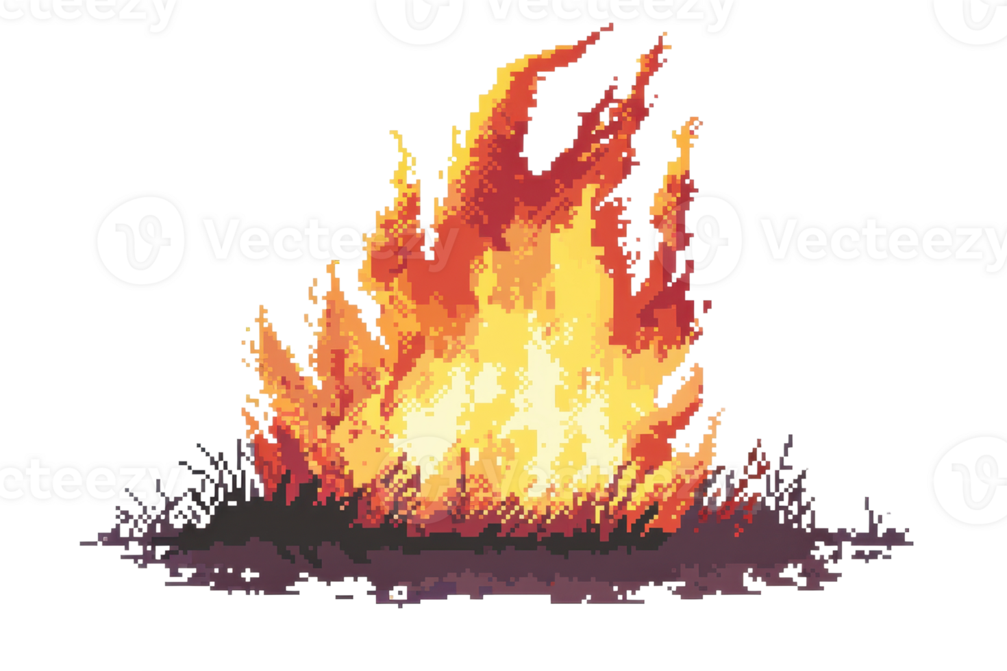 A vibrant pixel art depiction of a roaring fire, showcasing bright flames and glowing embers with a dynamic, animated feel. png