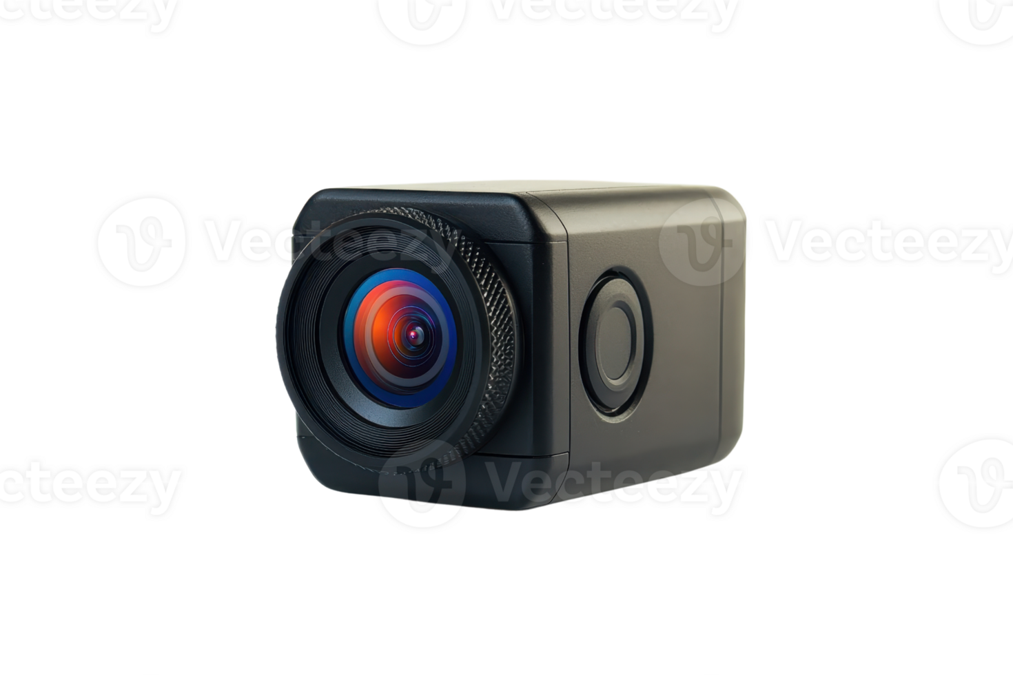A compact camera with a distinctive lens design, showcasing sleek lines and modern features. png