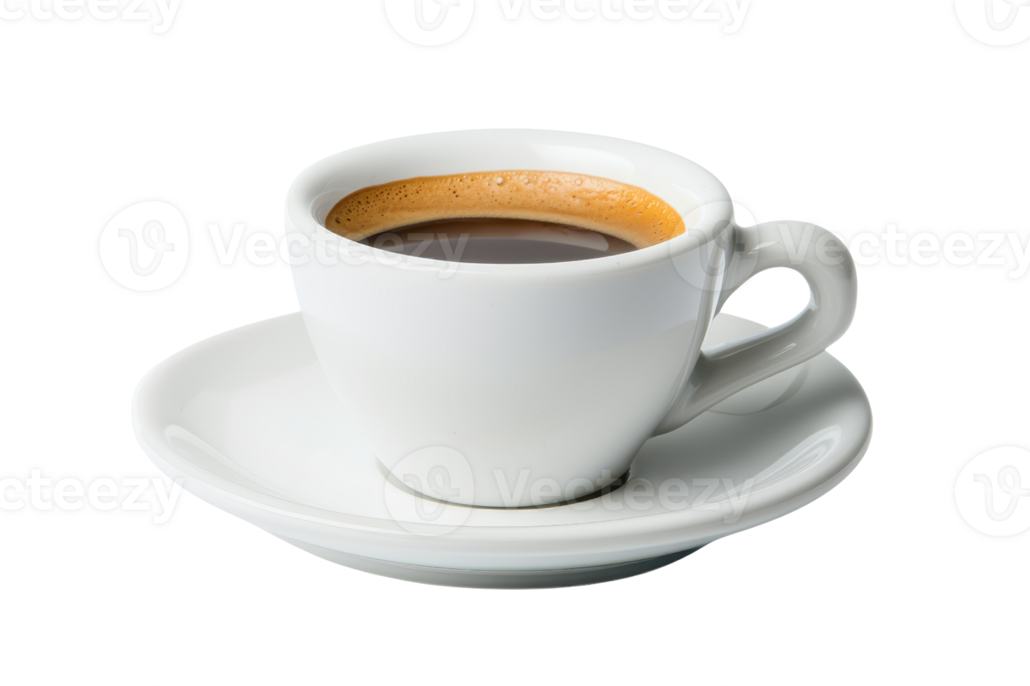 A simple white coffee cup filled with dark coffee sits elegantly on a matching saucer. png