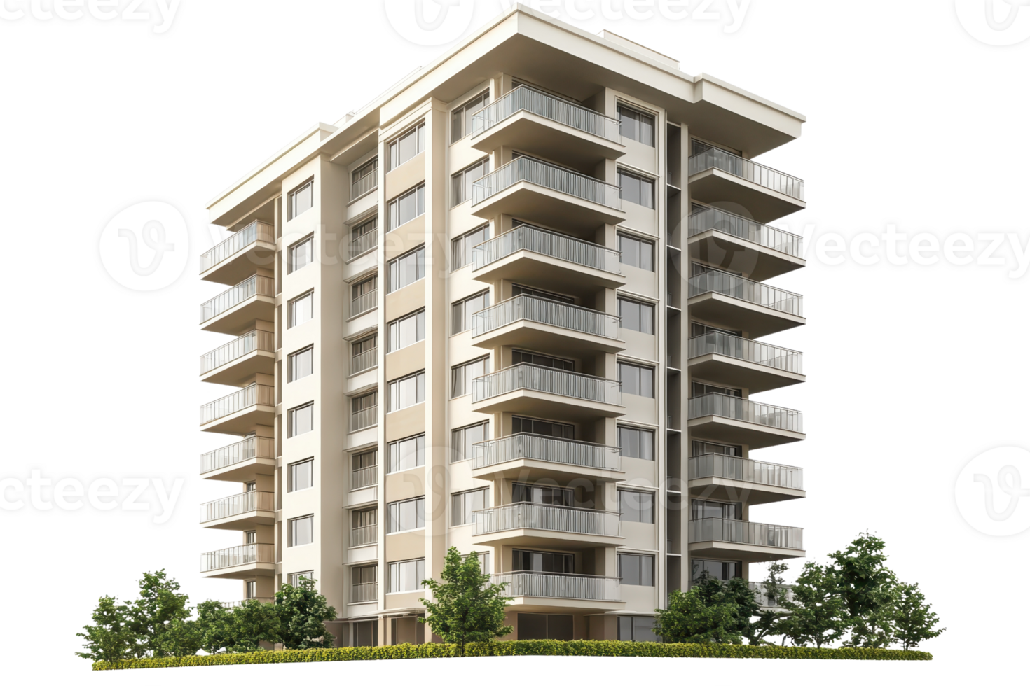 A modern multi-story building featuring balconies and greenery at its base. png