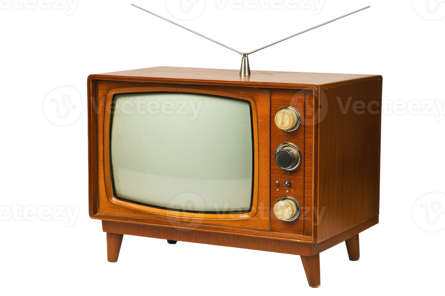 A vintage wooden television set featuring a curved screen and knobs for tuning, complete with rabbit ear antennas. png
