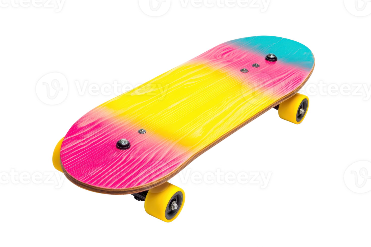 A vibrant skateboard featuring a gradient design of yellow, pink, and teal colors. png
