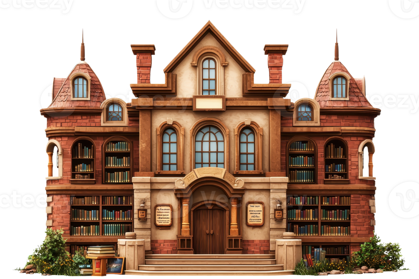 A charming, ornate library building featuring multiple windows, brick facade, and shelves filled with books. png