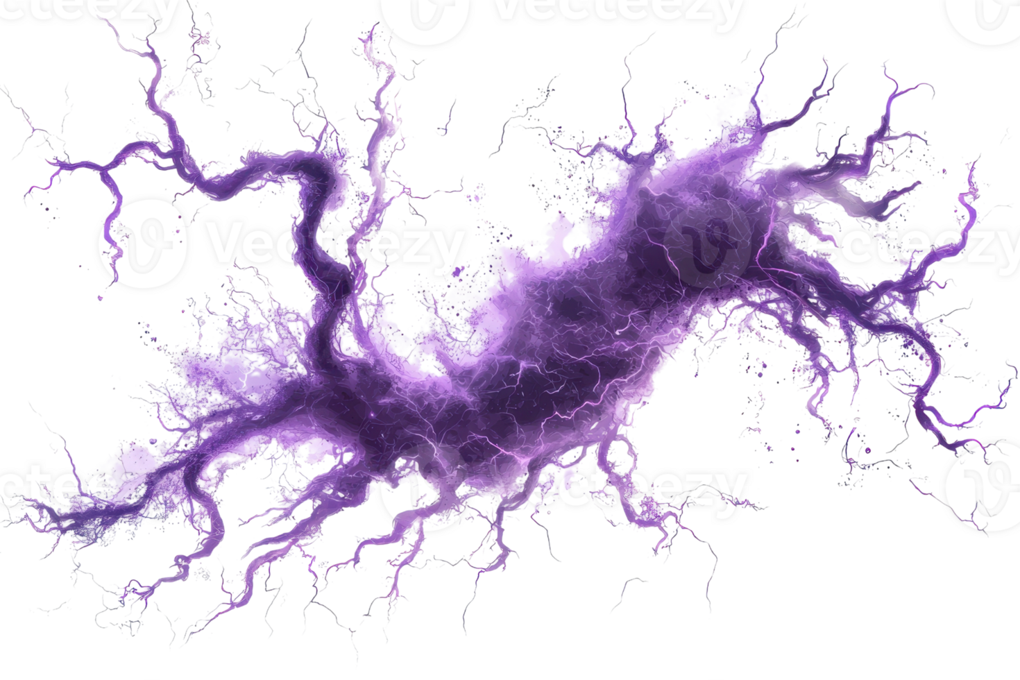 A vibrant purple lightning bolt with intricate, branching patterns that convey energy and movement. png