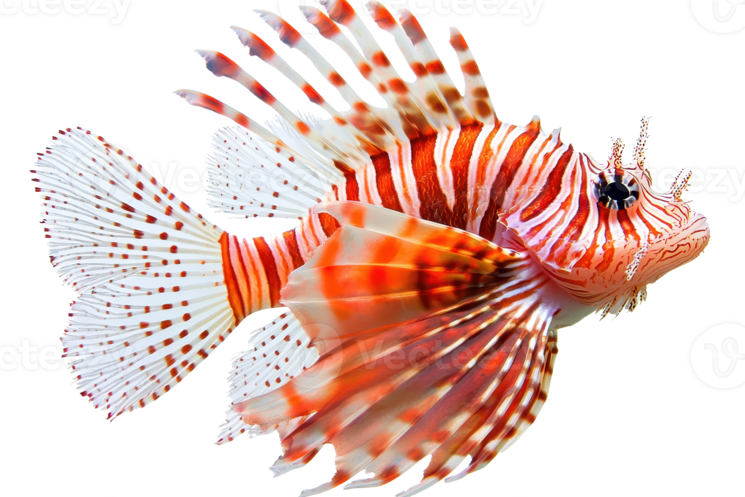 A vibrant lionfish with striking red and white stripes, showcasing its long, flowing fins and unique features. png