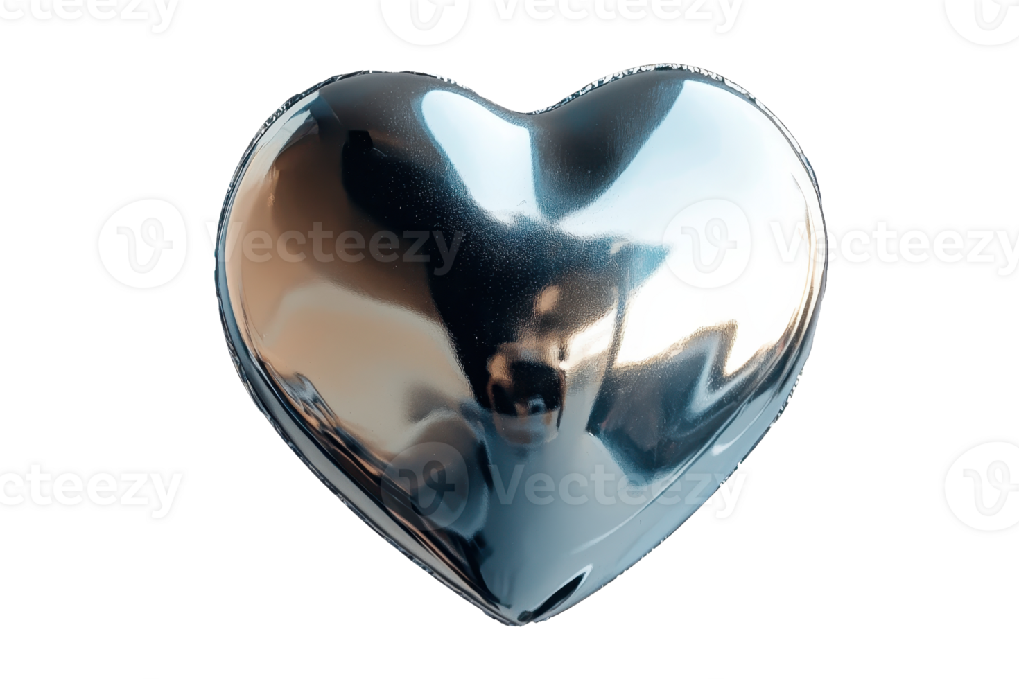A shiny heart-shaped object with a smooth metallic finish, reflecting light and surroundings. png