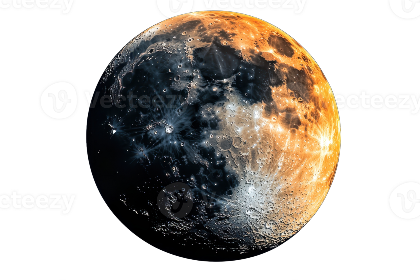 A detailed view of the moon showcasing its textured surface with varying shades of gray and orange. png