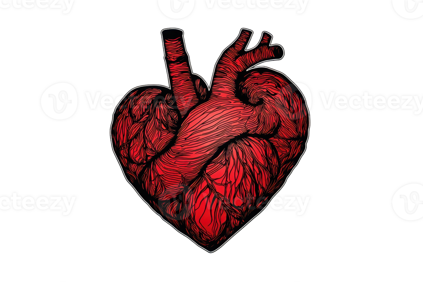 A stylized depiction of a human heart, showcasing intricate details and vibrant red colors. png