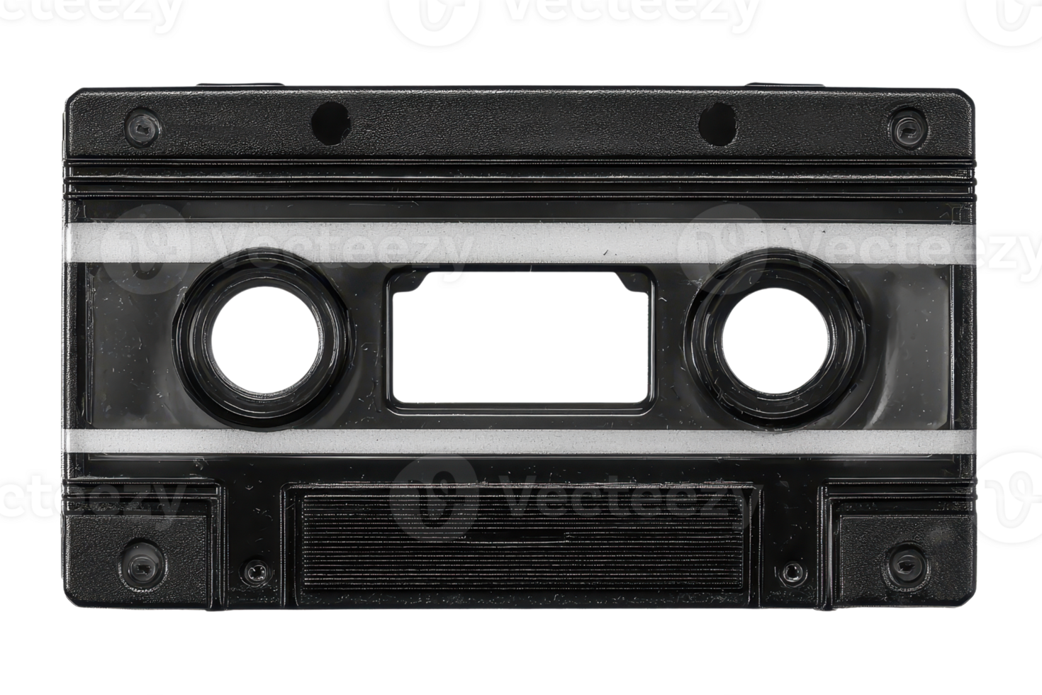 A vintage audio cassette tape featuring two circular reels and a blank label area for recording or labeling. png