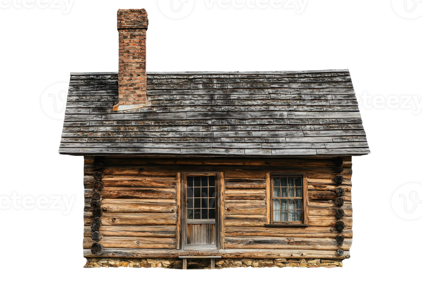 A rustic wooden cabin with a chimney, featuring a door and windows, showcasing classic log construction. png