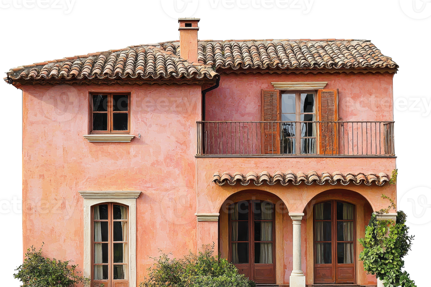 A charming pink stucco house with arched windows, wooden shutters, and a tiled roof, showcasing Mediterranean architectural style. png