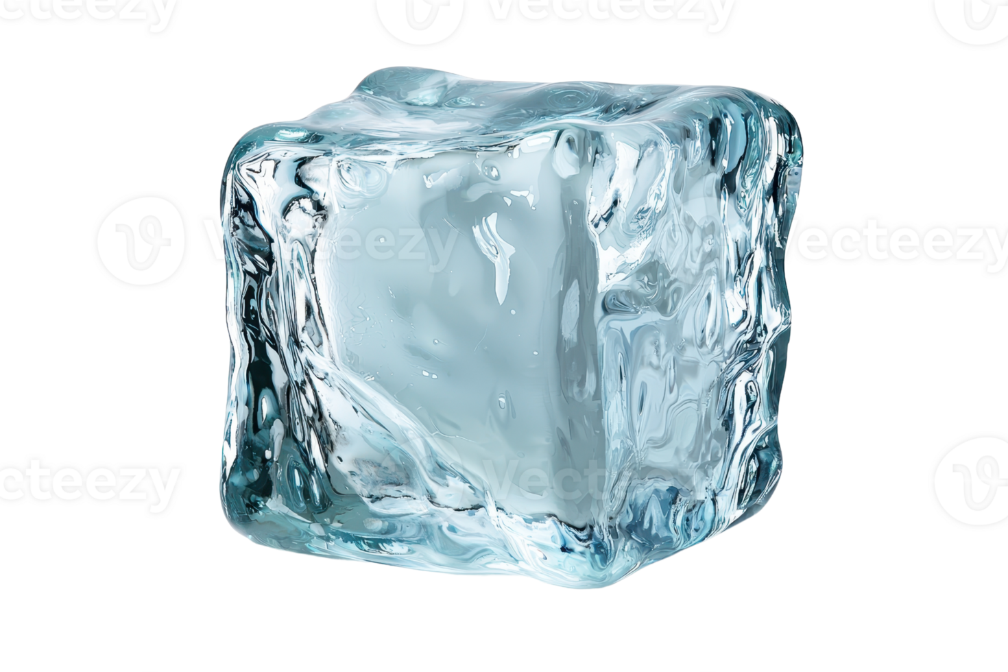 A clear ice cube with smooth surfaces and rounded edges, showcasing its crystalline structure and reflective qualities. png