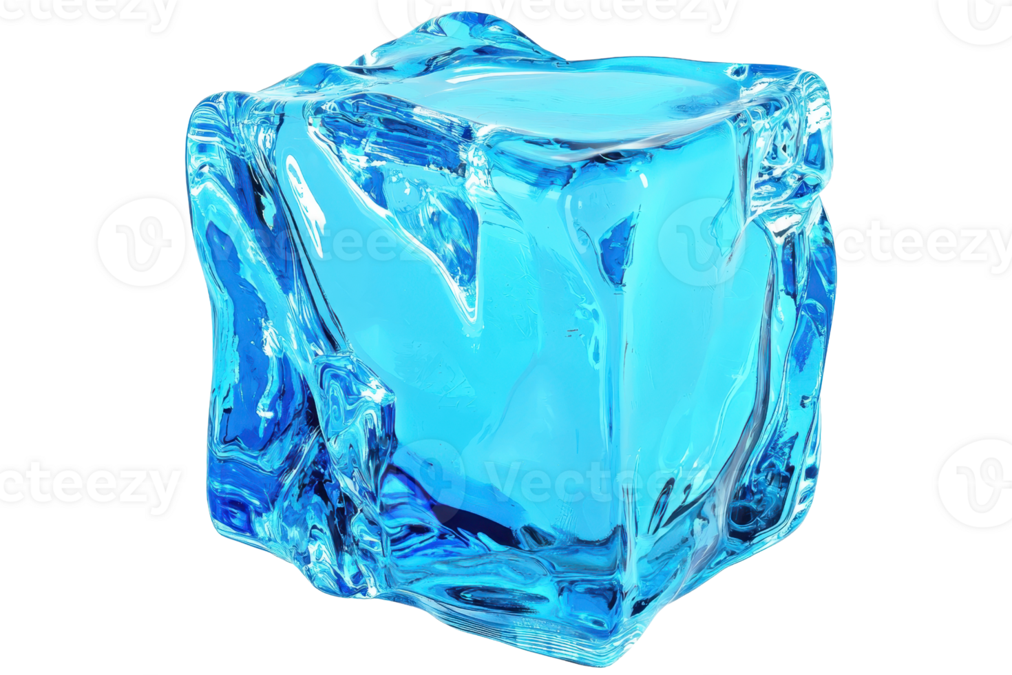 A clear blue ice cube, showcasing its crystalline structure and glossy surface. png