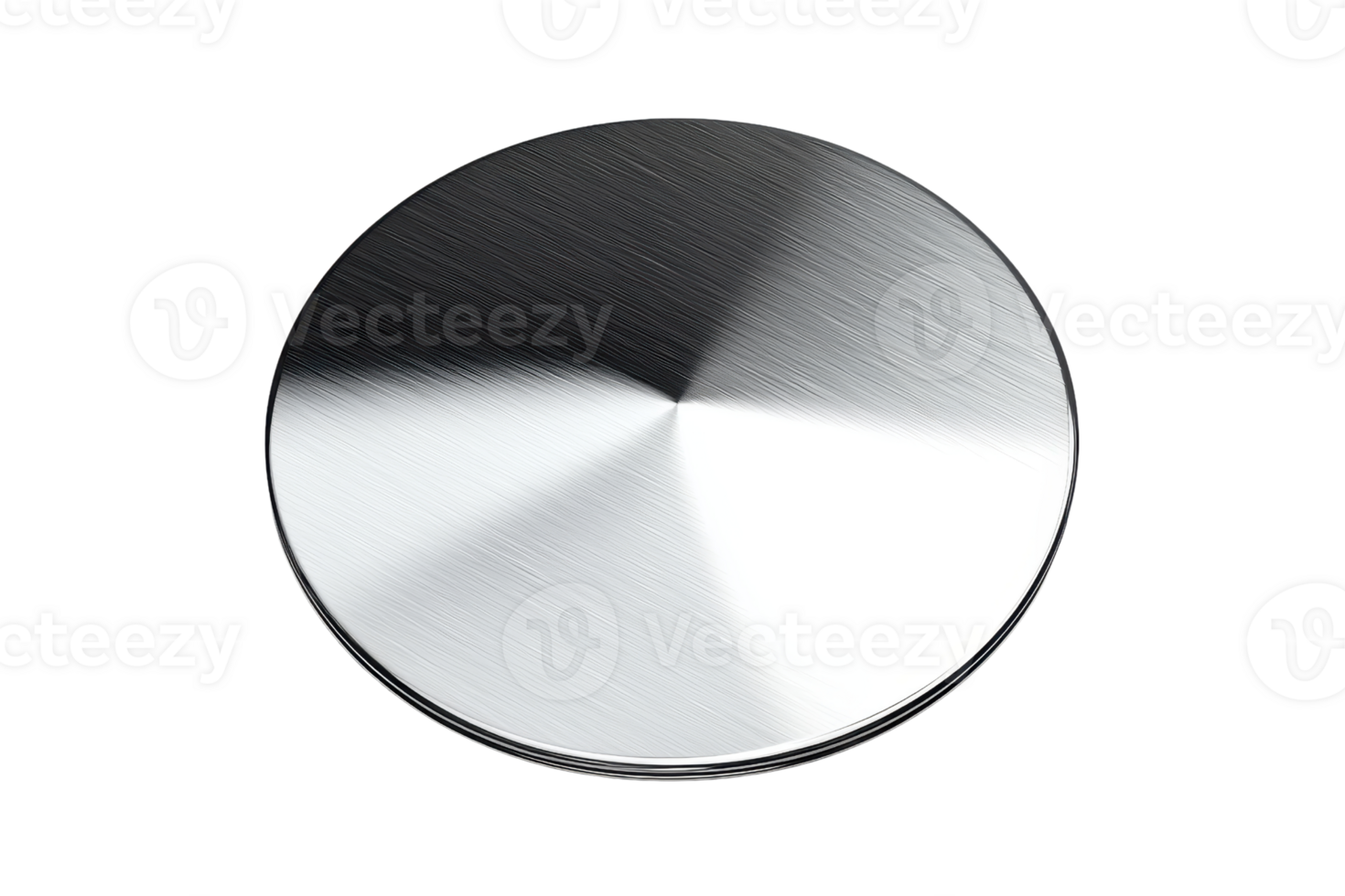 A polished circular metal disc with a reflective surface, showcasing a gradient of light and shadow across its smooth texture. png