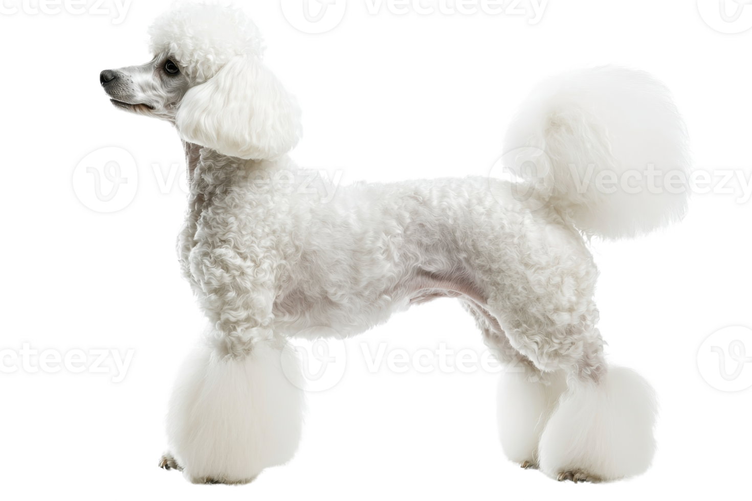 A fluffy, white poodle stands elegantly, showcasing its distinctive coat and playful demeanor. png