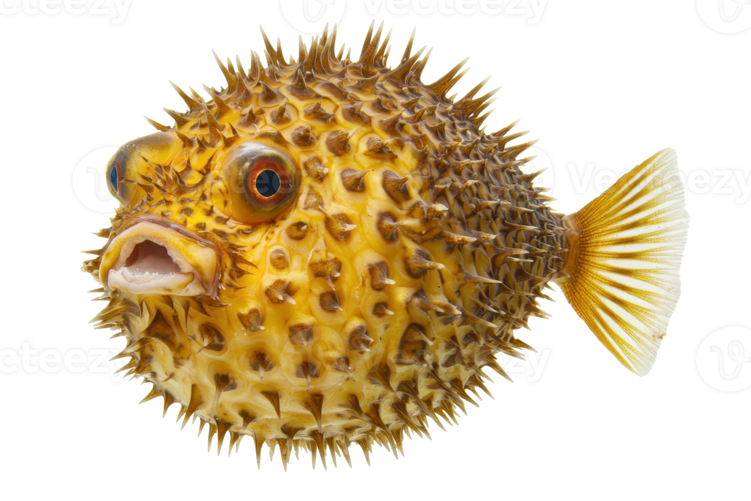 A spiky, yellow pufferfish with large eyes and a rounded body, showcasing its distinctive texture and unique features. png