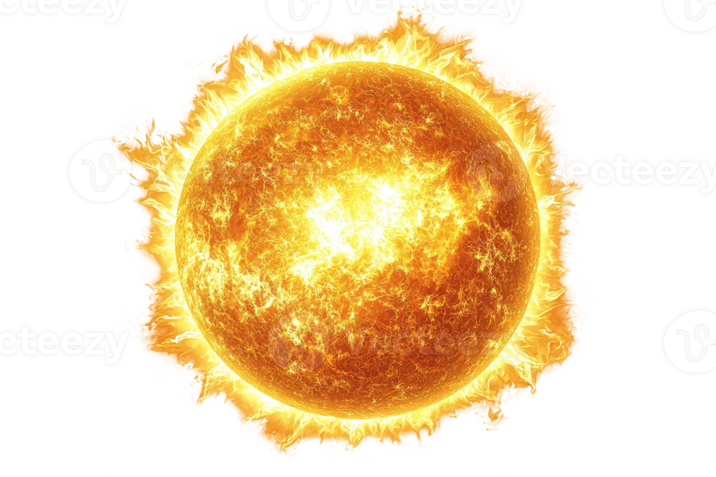 A radiant sun emits bright, fiery rays, showcasing its vibrant yellow and orange colors in a dynamic cosmic display. png