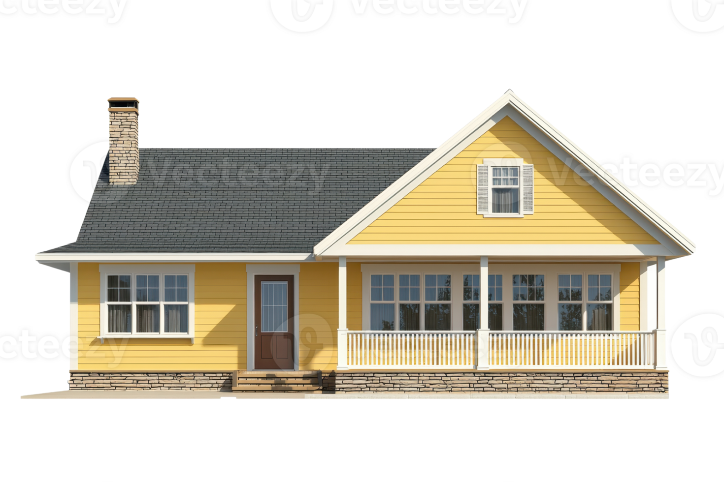 A charming yellow house featuring a front porch, multiple windows, and a stone foundation, showcasing a welcoming architectural style. png