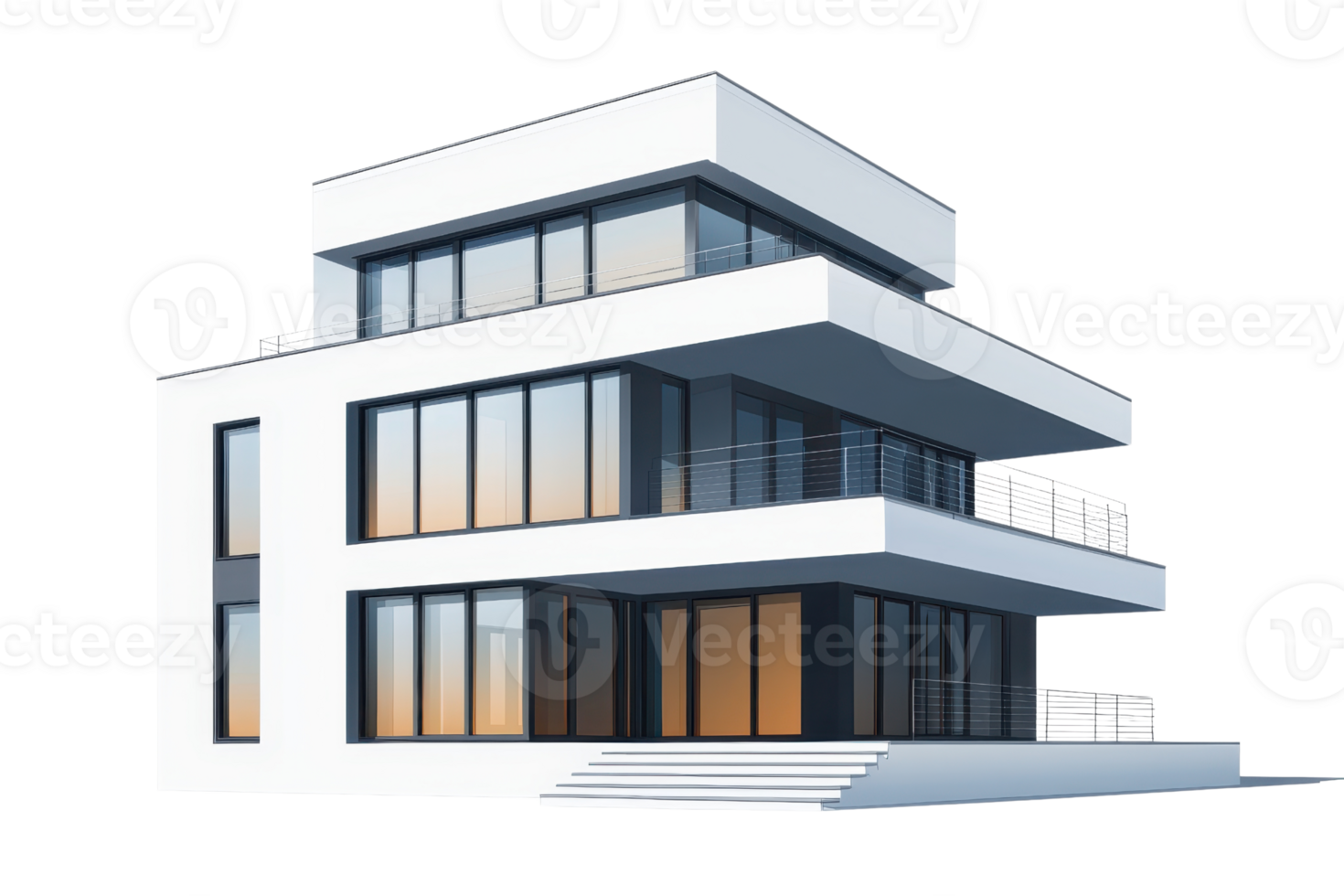 A modern, multi-level house featuring large windows and sleek lines, showcasing a contemporary architectural design. png