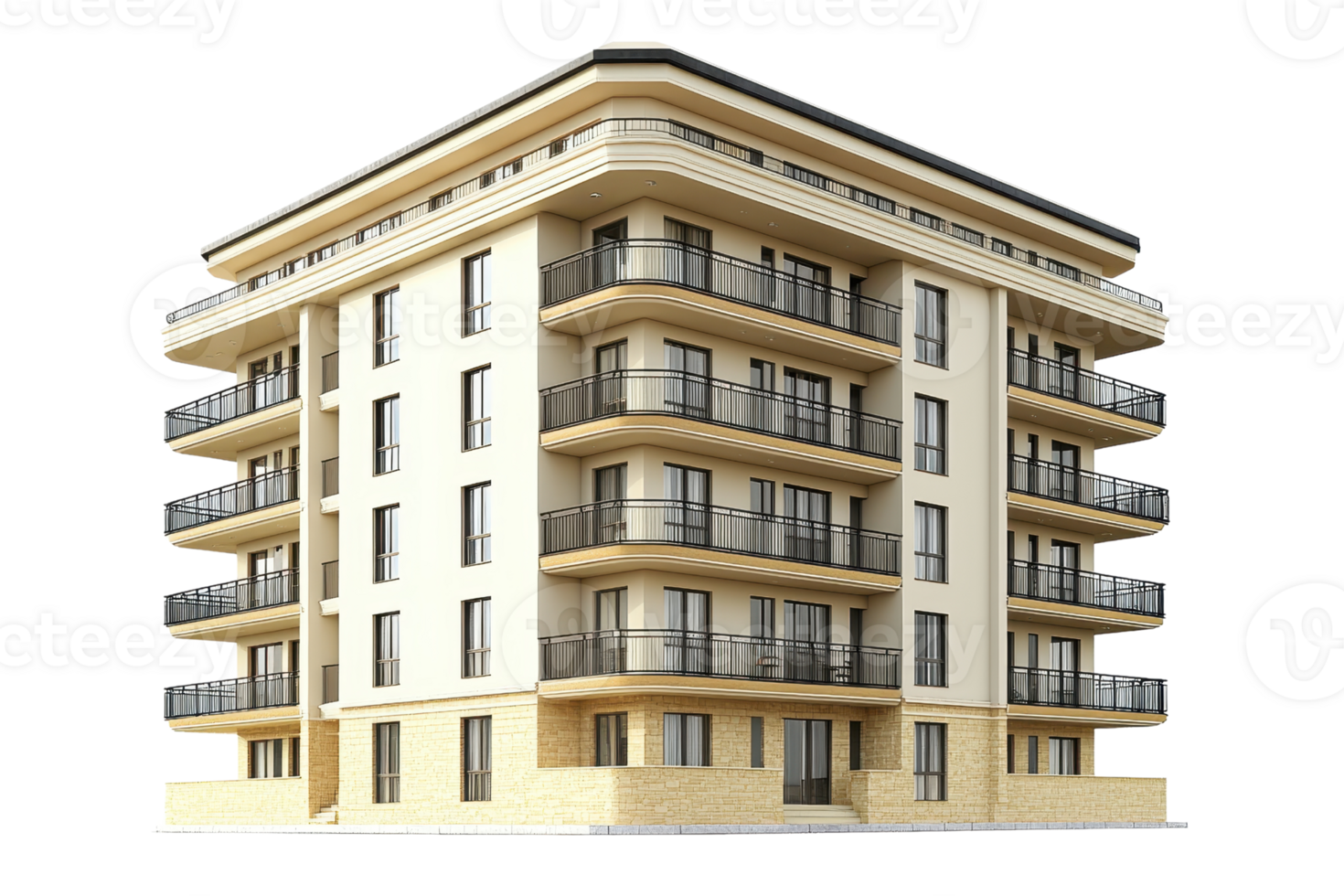 A modern, multi-story building featuring balconies, large windows, and a sleek architectural design. png