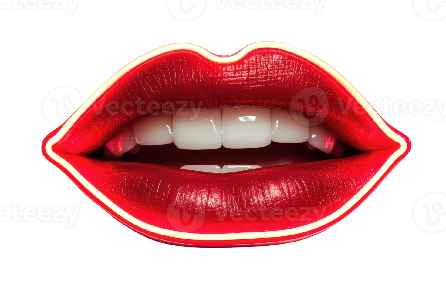 A pair of glamorous, bright red lips with a glossy finish, showcasing white teeth. png