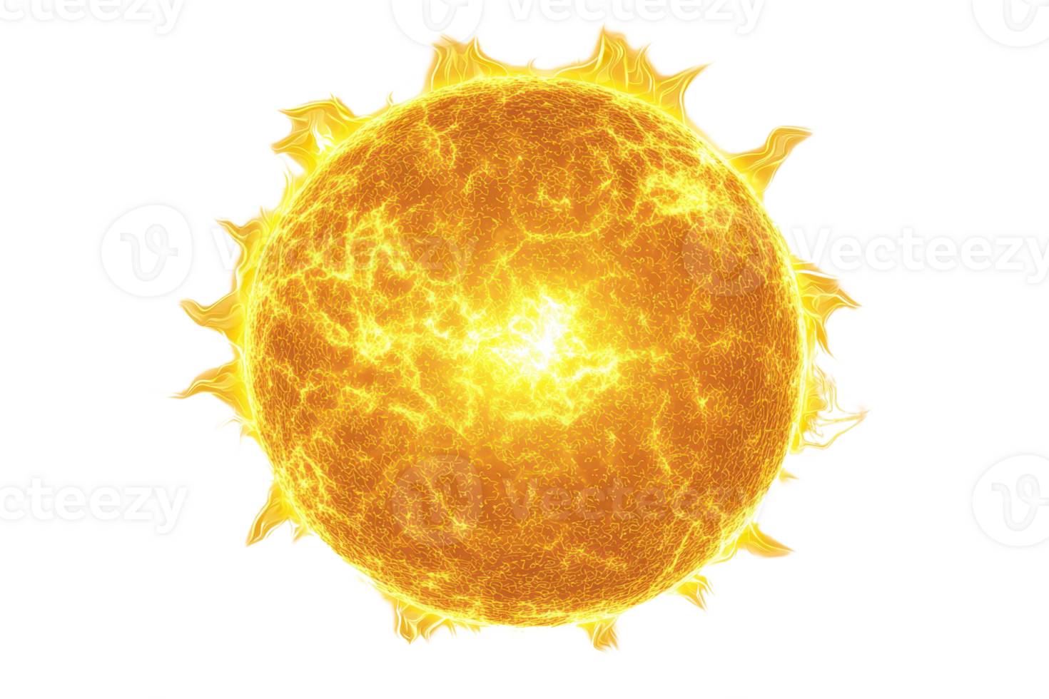 A vibrant, glowing sun with radiating rays and intricate surface patterns, symbolizing energy and light. png