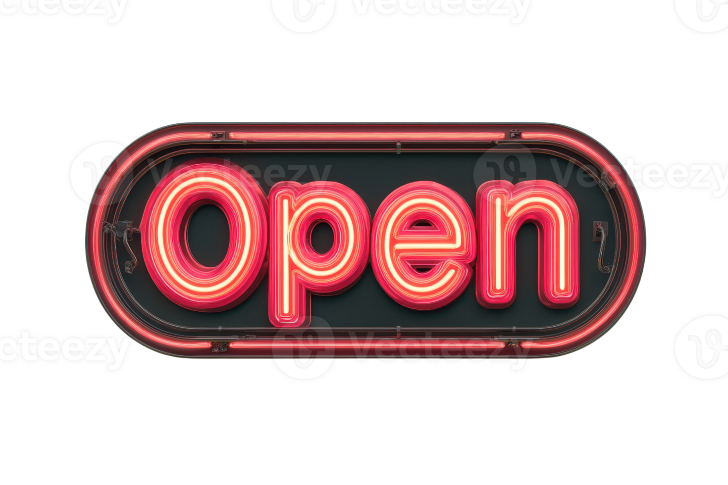 A neon sign displaying the word Open in bright red letters, indicating that a business is currently welcoming customers. png