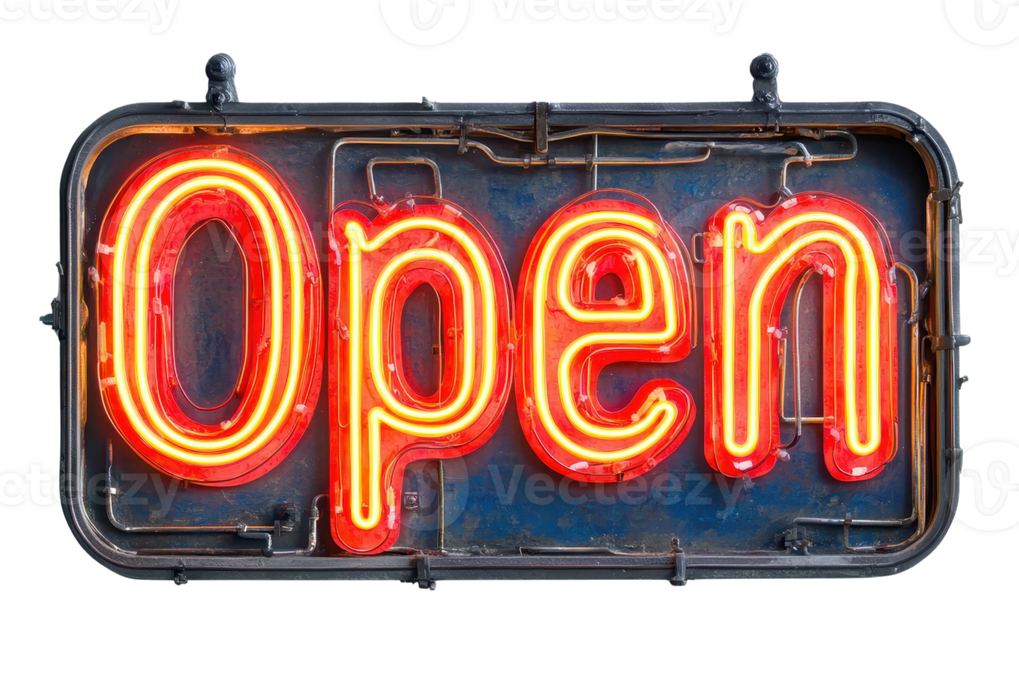 A glowing neon sign displaying the word Open in bright orange and yellow colors, indicating availability. png