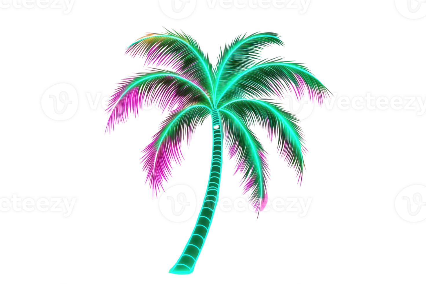 A glowing palm tree with vibrant neon colors, showcasing bright green and pink fronds. png
