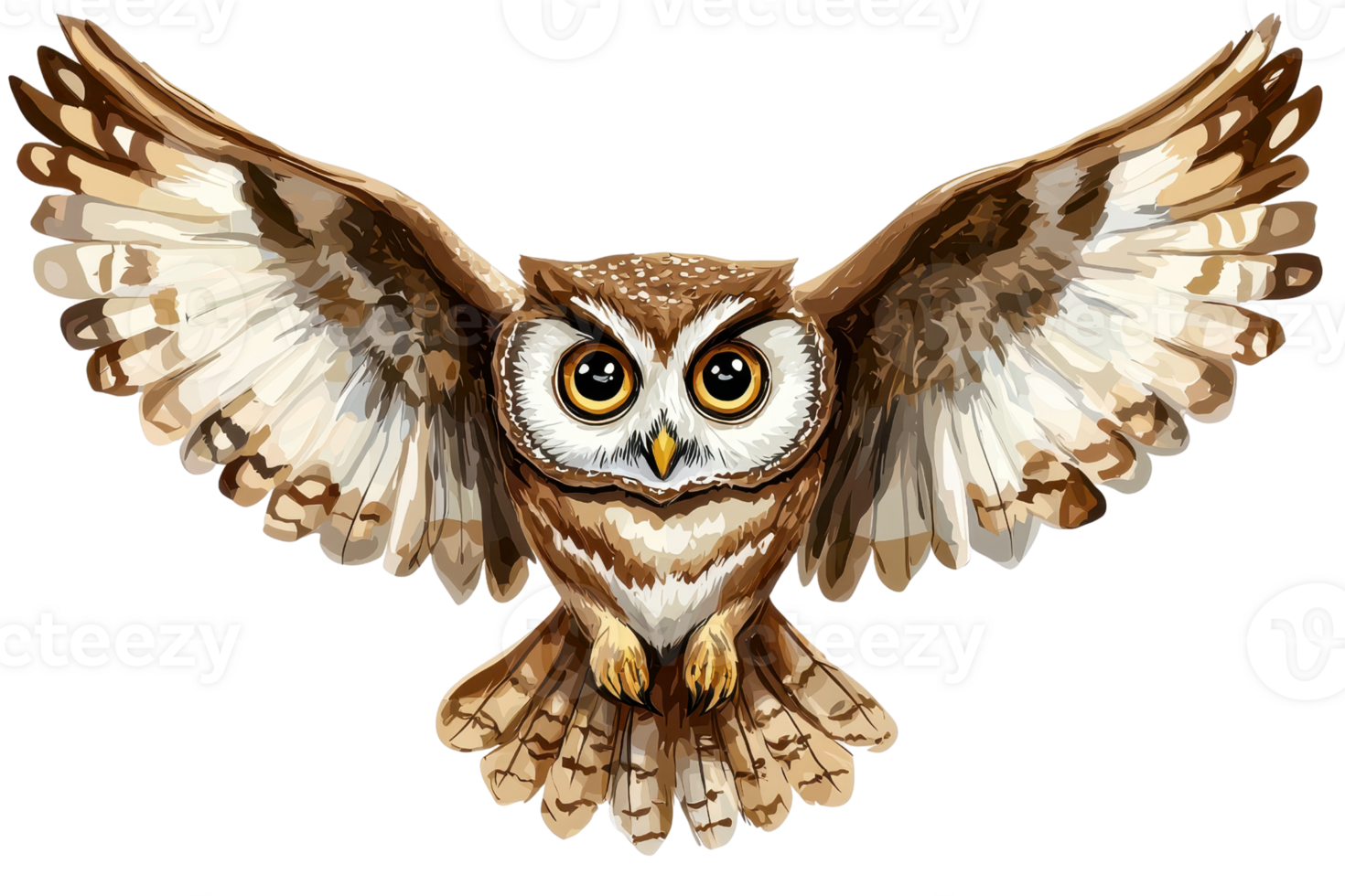 A detailed illustration of an owl with wide wings spread, showcasing its expressive eyes and intricate feather patterns. png