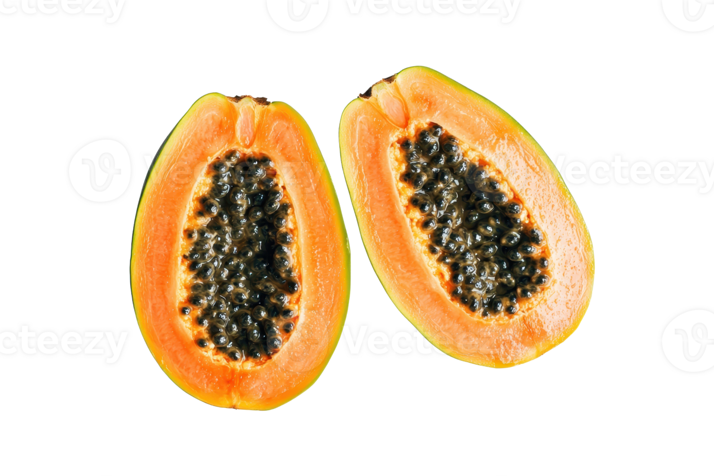 A halved papaya revealing its vibrant orange flesh and a cluster of small black seeds. png