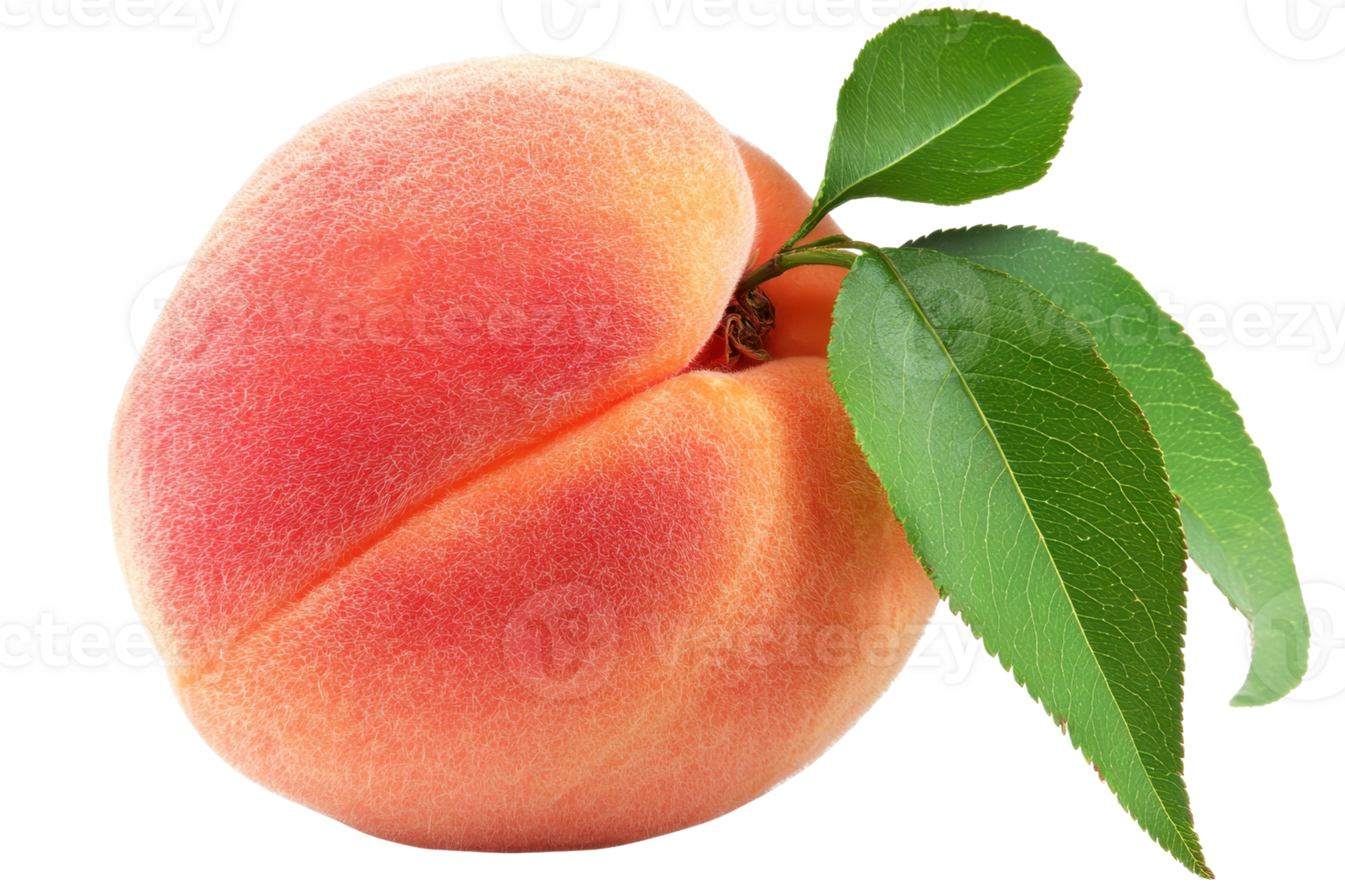 A ripe peach with a smooth, fuzzy skin, featuring shades of pink and yellow, accompanied by green leaves. png