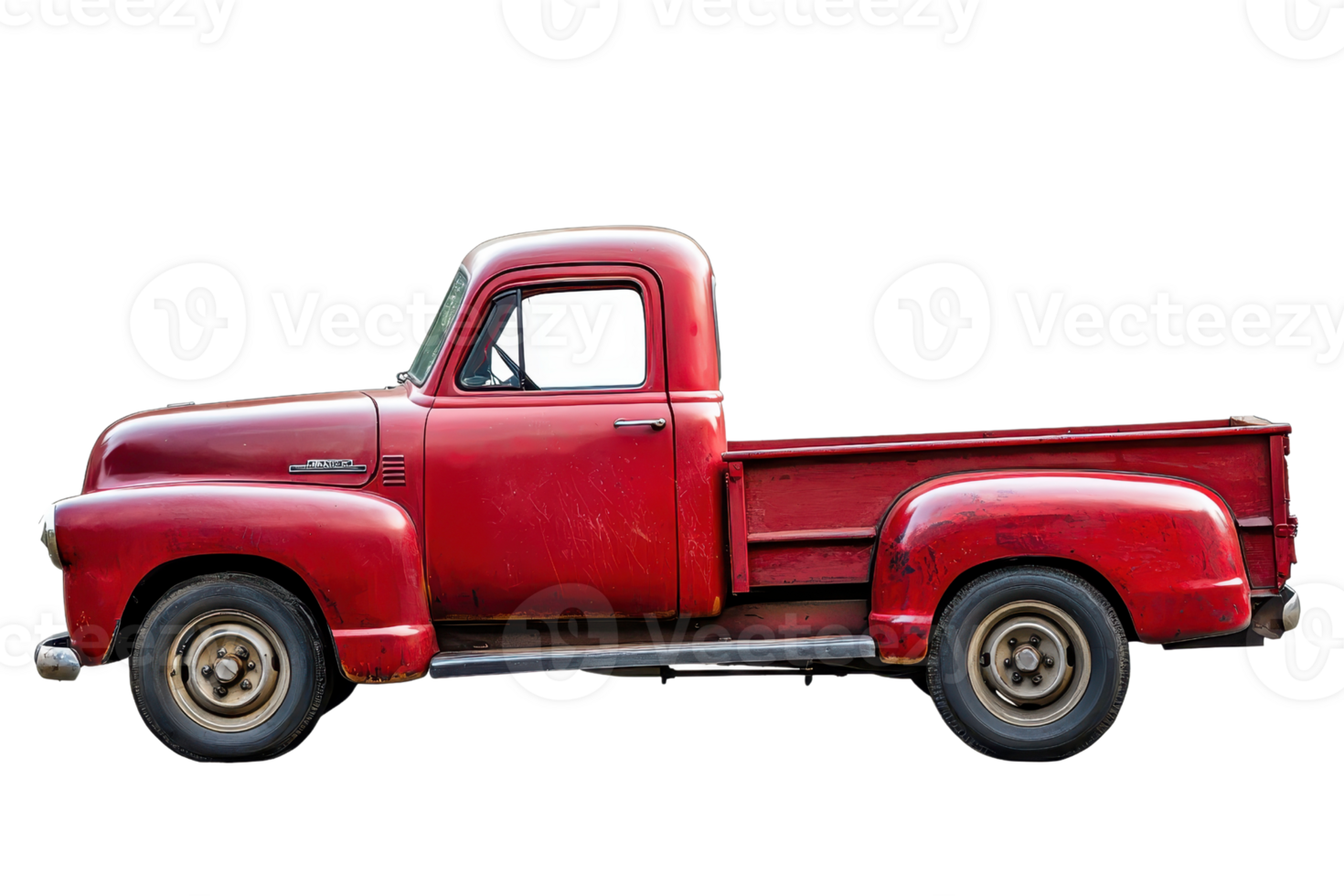 A vintage red pickup truck with a classic design and a spacious bed, showcasing its iconic shape and nostalgic appeal. png