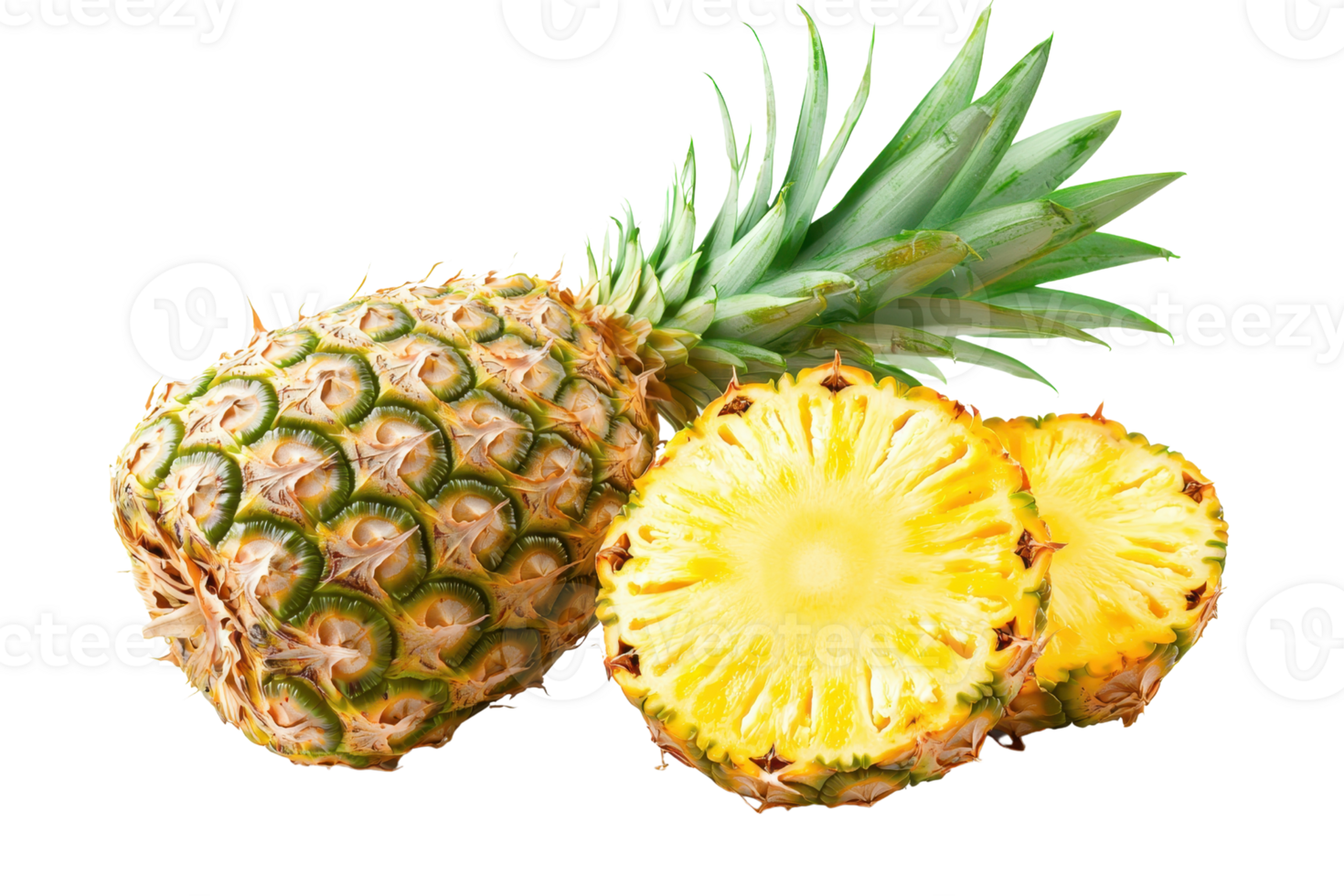 A ripe pineapple with slices, showcasing its textured skin and vibrant yellow flesh. png