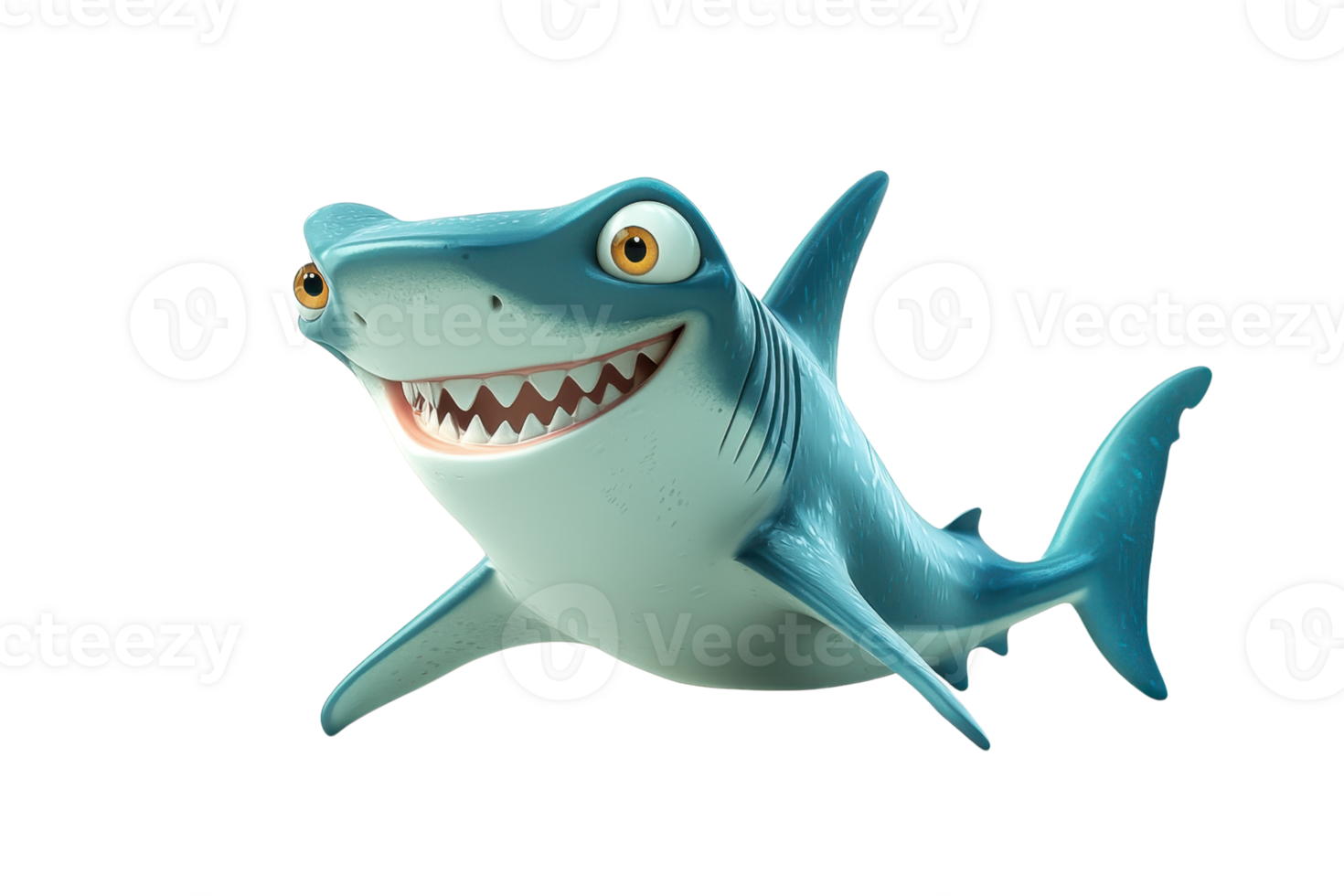 A cheerful cartoon shark with a wide smile and large, expressive eyes, showcasing a playful and friendly demeanor. png