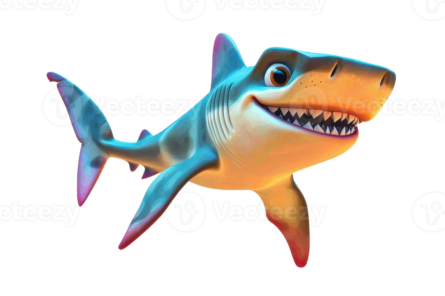 A colorful, cartoonish shark with a wide grin and sharp teeth, swimming playfully through water. png