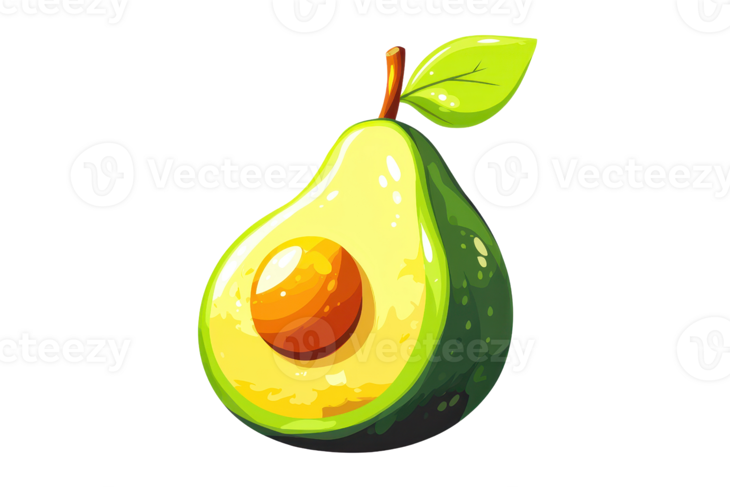 A vibrant, ripe avocado showcasing its smooth skin, creamy flesh, and a single seed, complemented by a fresh green leaf. png