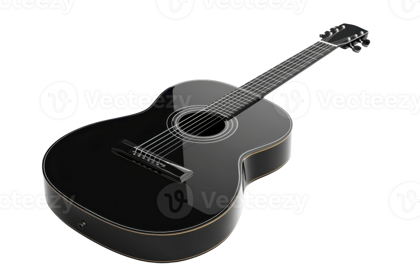 A sleek black acoustic guitar with a smooth finish, featuring prominent strings and a rounded body. png