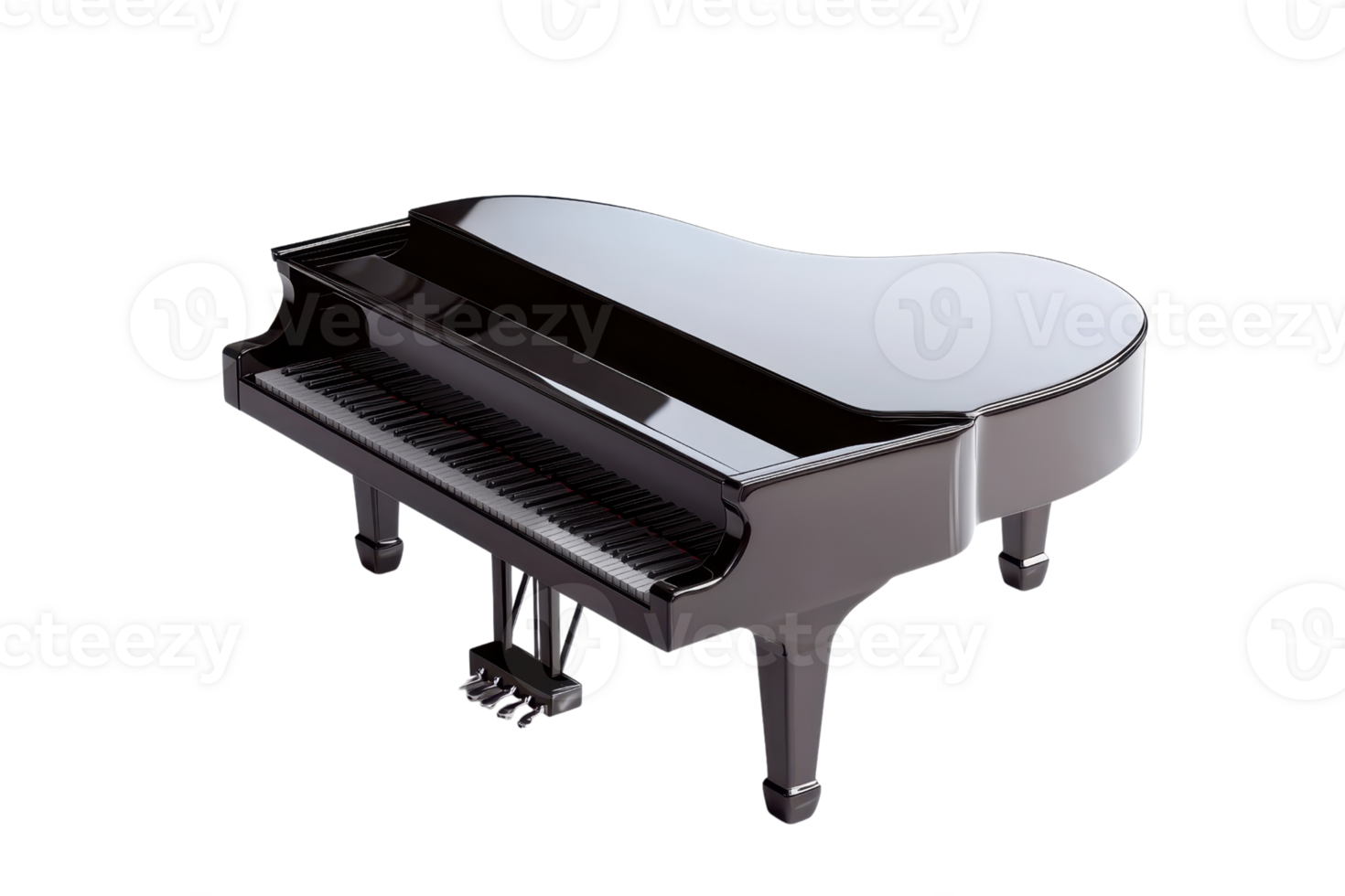 A sleek grand piano featuring a polished surface and classic design, showcasing its elegant curves and keys. png