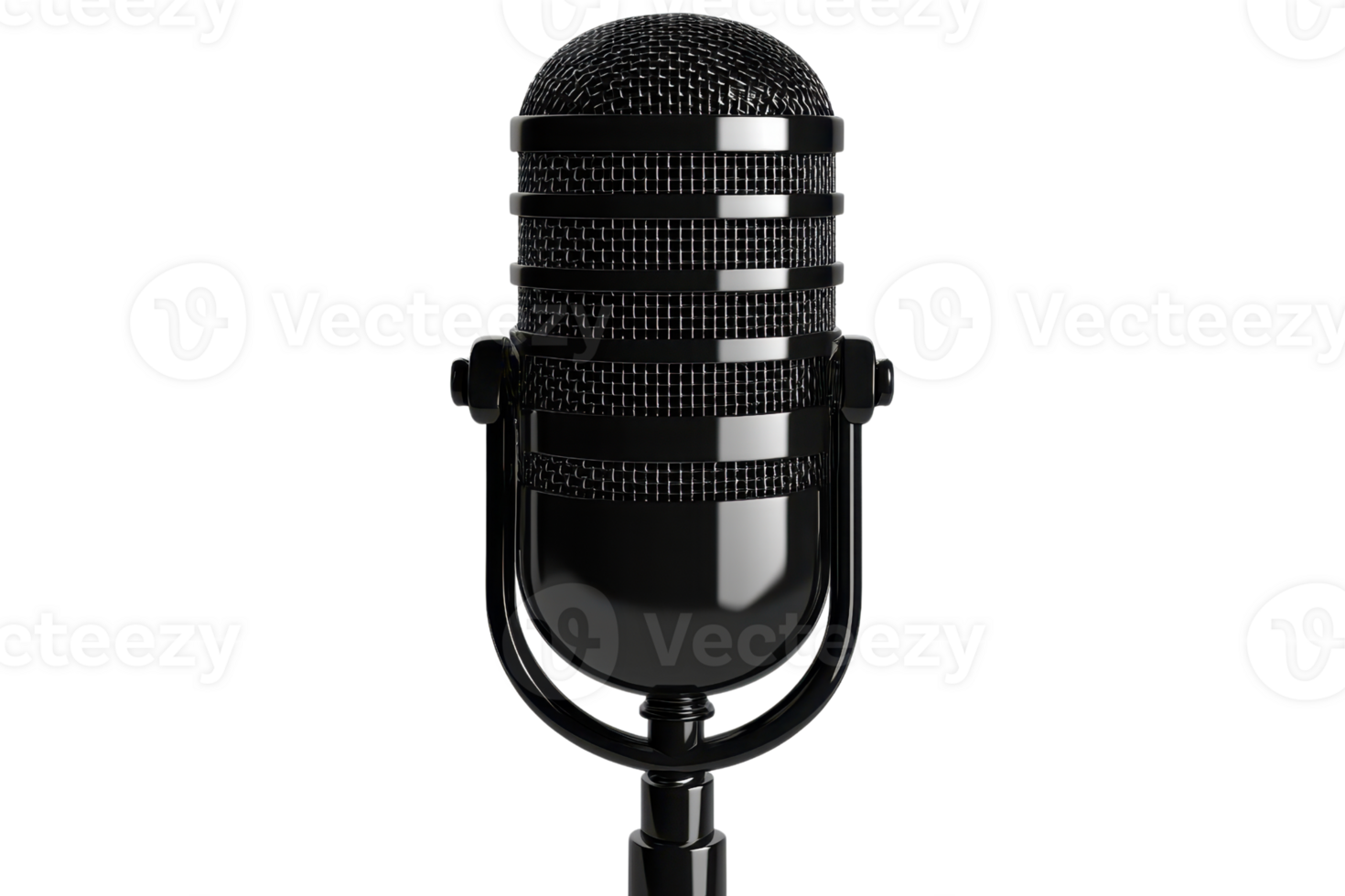 A vintage-style microphone with a glossy black finish and distinct grille design, perfect for recording or performing. png