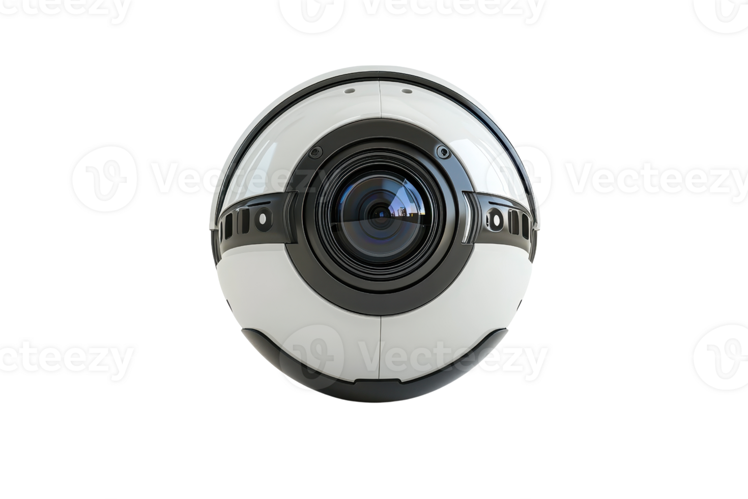 A spherical camera featuring a prominent lens, designed for capturing wide-angle images with a sleek, modern aesthetic. png