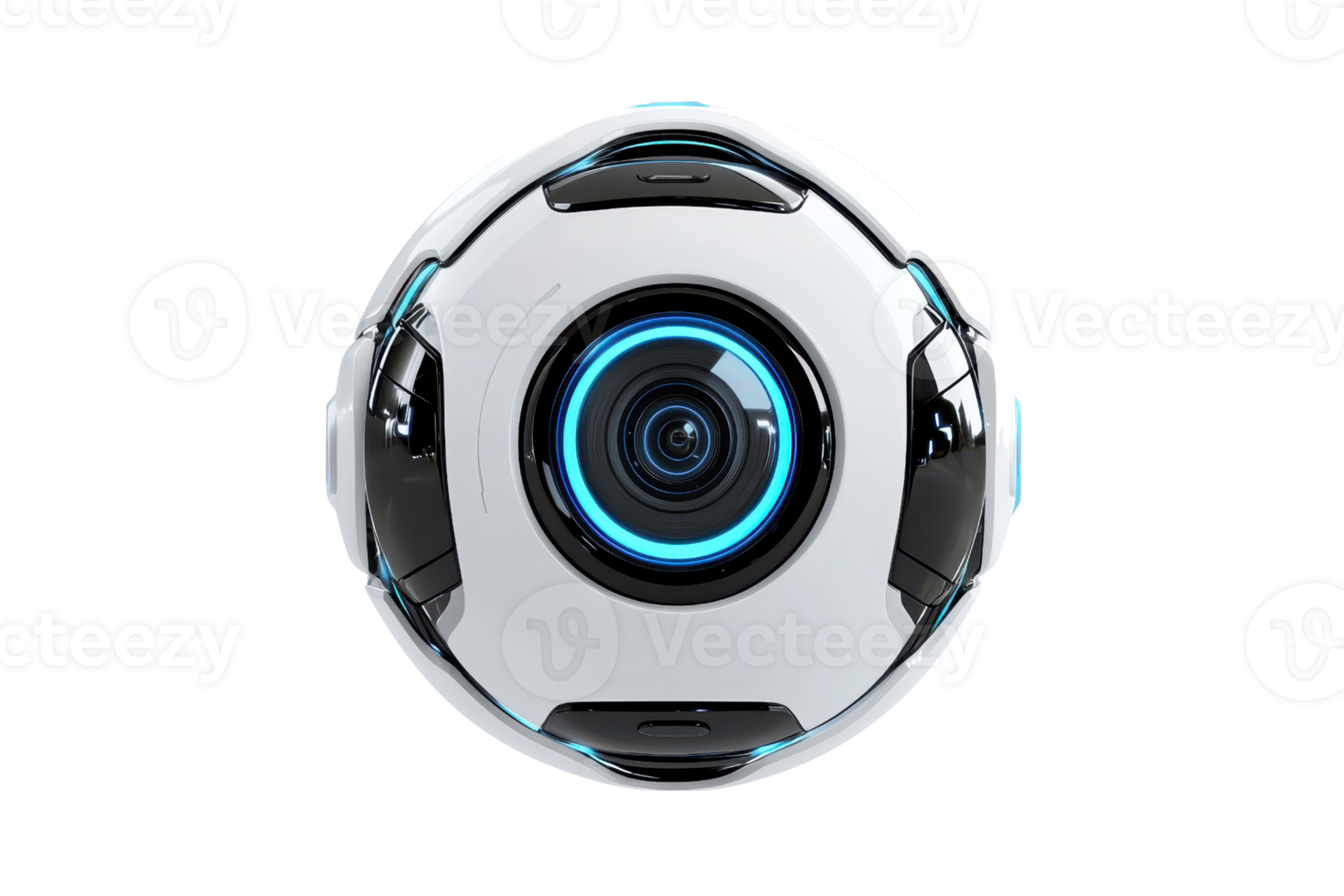 A spherical device featuring a prominent lens and illuminated ring, designed for advanced imaging technology. png