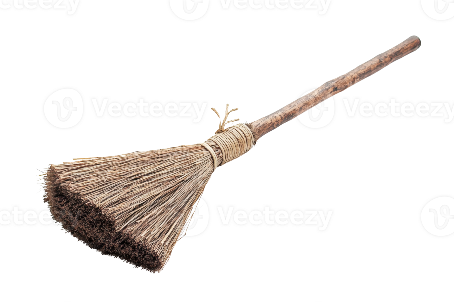A traditional broom with a wooden handle and straw bristles, designed for sweeping and cleaning surfaces efficiently. png
