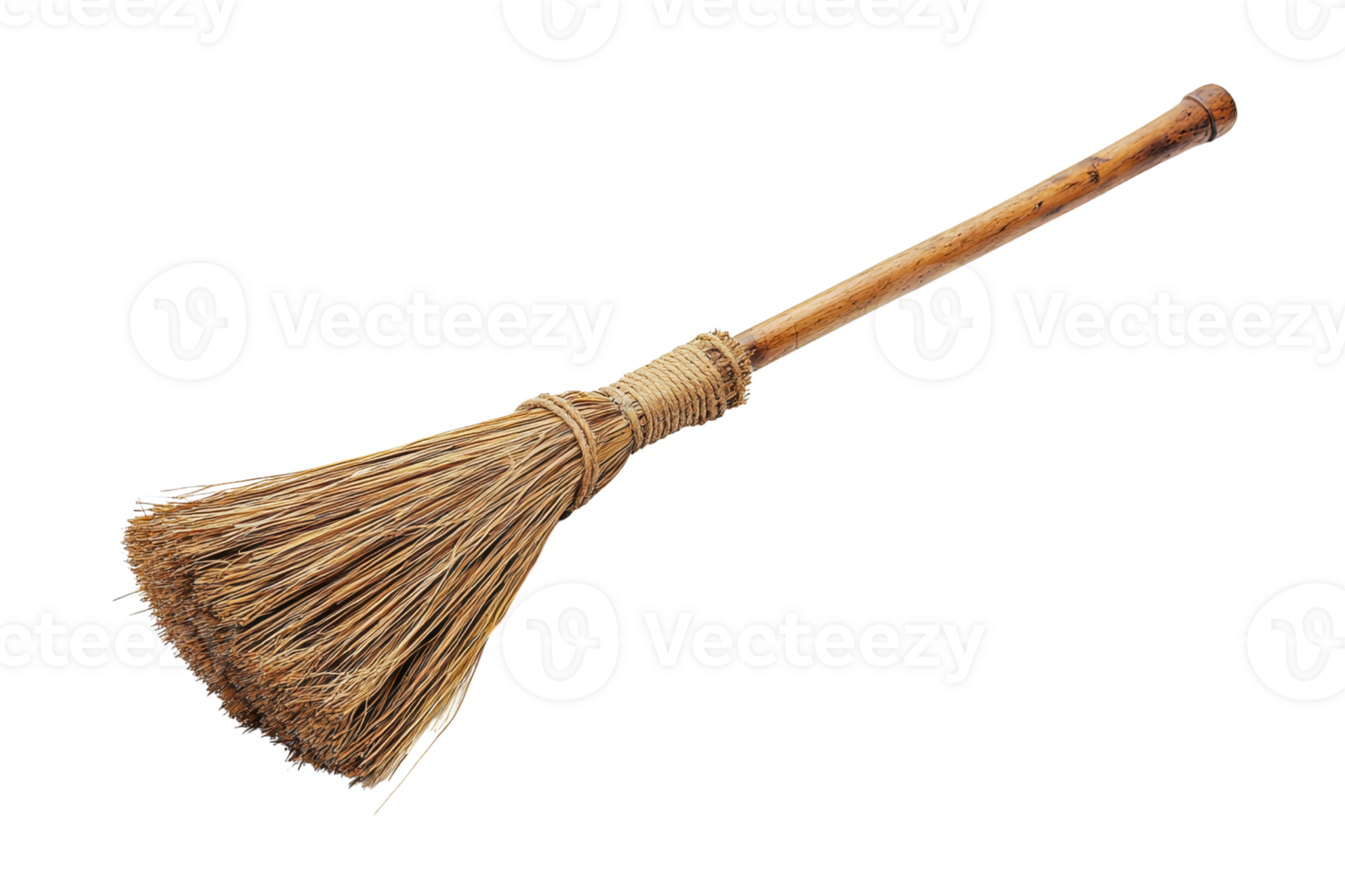 A traditional broom made of natural fibers, featuring a long wooden handle and a bundled bristle head for sweeping. png