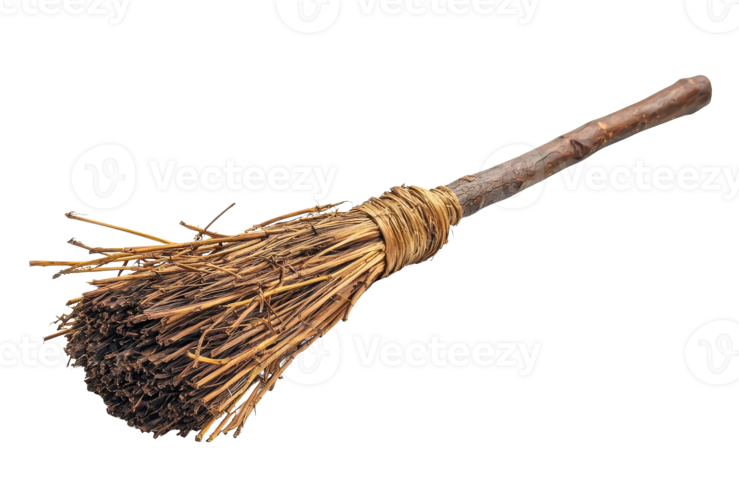A traditional broom with a wooden handle and a bundle of straw bristles, commonly associated with cleaning or folklore. png