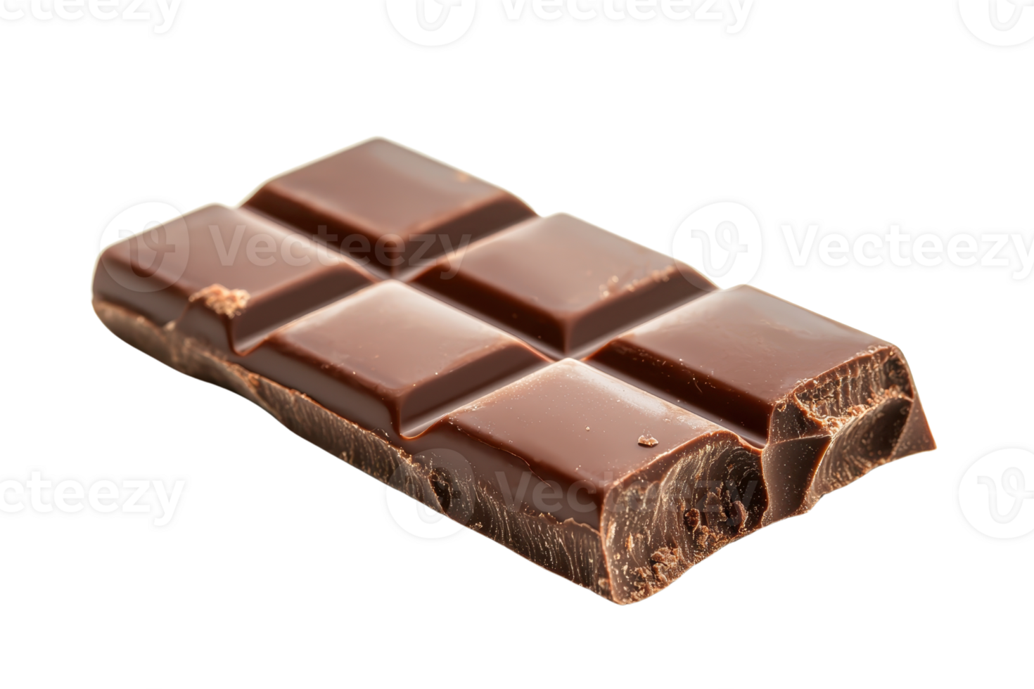 A rich, broken chocolate bar with a glossy surface and distinct segments, showcasing its smooth texture and deep brown color. png