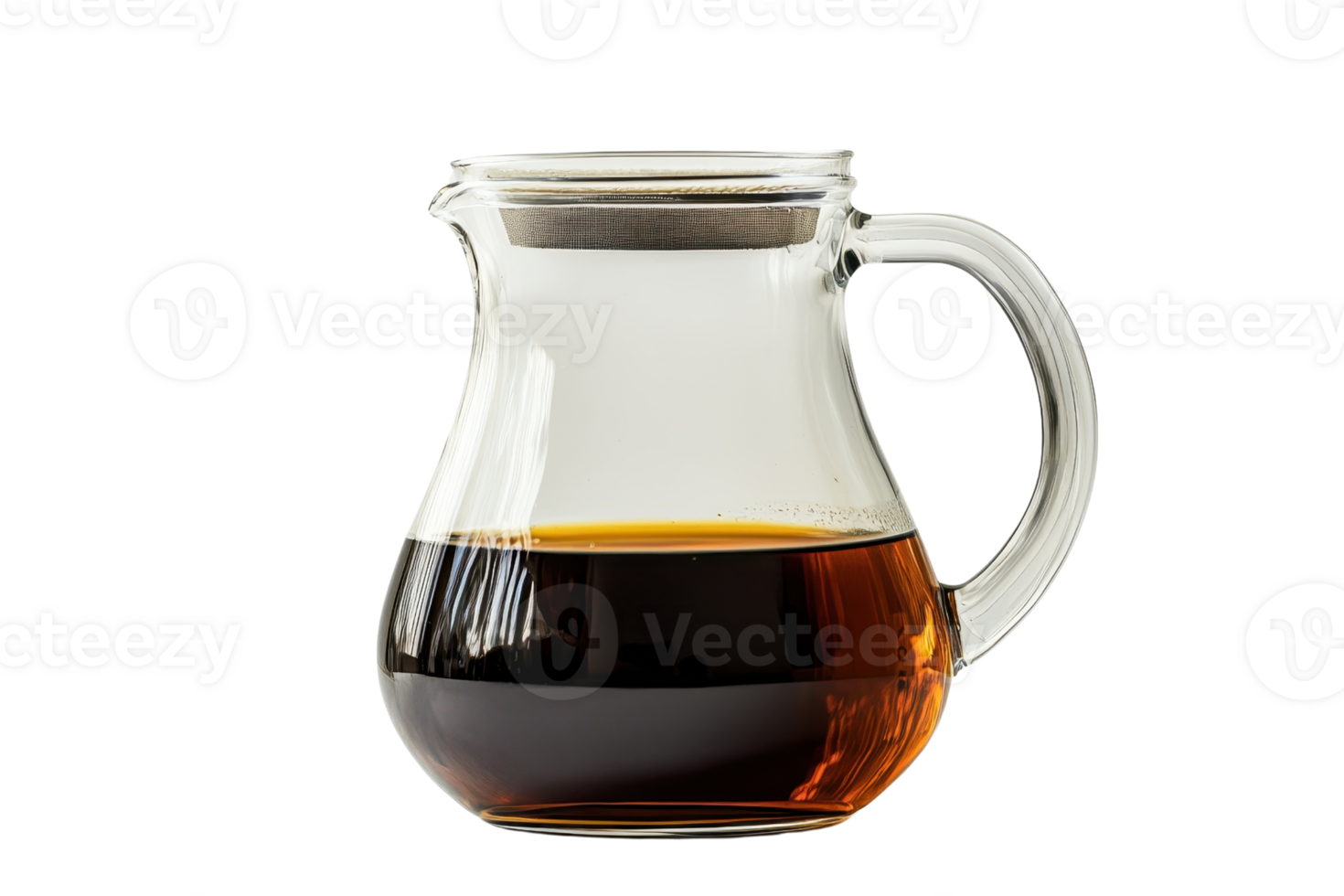 A glass pitcher filled with dark liquid, showcasing its elegant shape and handle. png