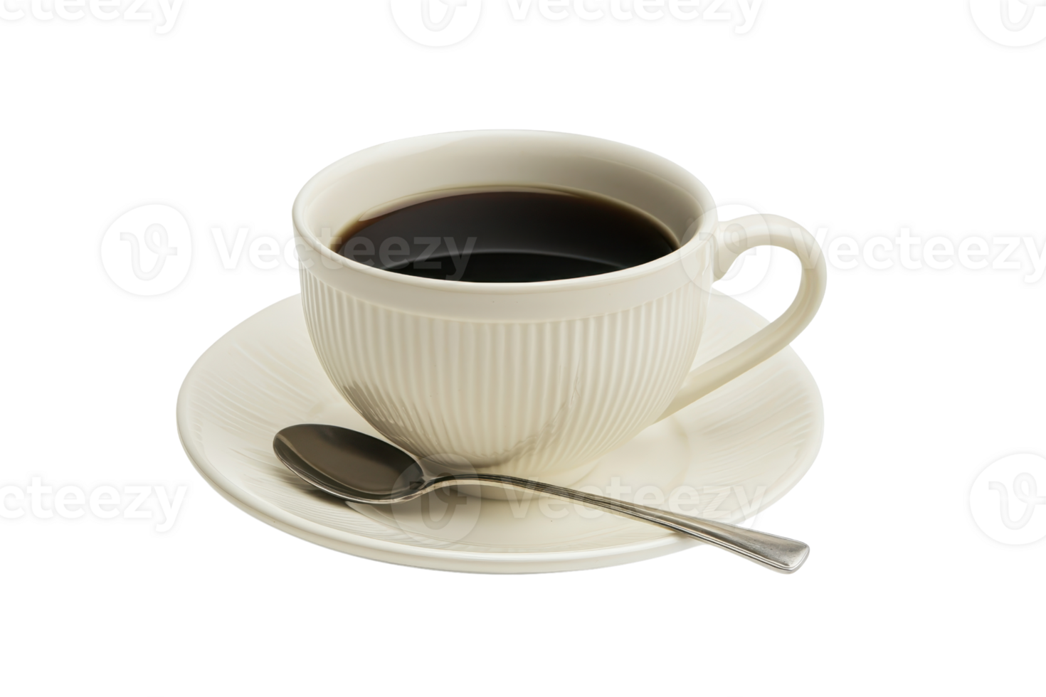 A coffee cup with a saucer and a spoon, filled with dark, rich coffee, showcasing a simple and elegant design. png