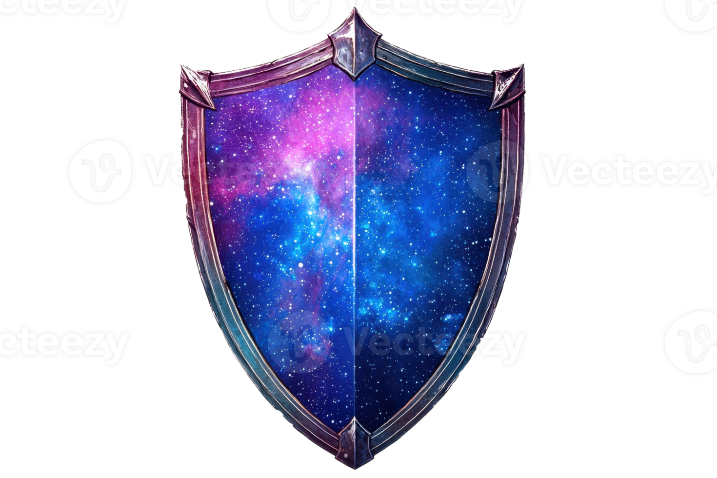 A colorful shield featuring a cosmic design, blending shades of purple and blue to represent a galaxy or universe theme. png